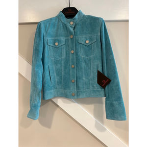 Women’s teal leather jean jacket w metal‎ buttons by Danier.  Size petite 0-2